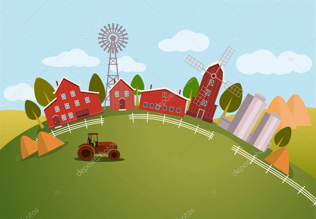 Farm scenic view or panorama with barn and window mill, tractor on hill and wind turbine,. Rural countryside or nature meadow. Cartoon village, farming and agricultural, village and farming theme