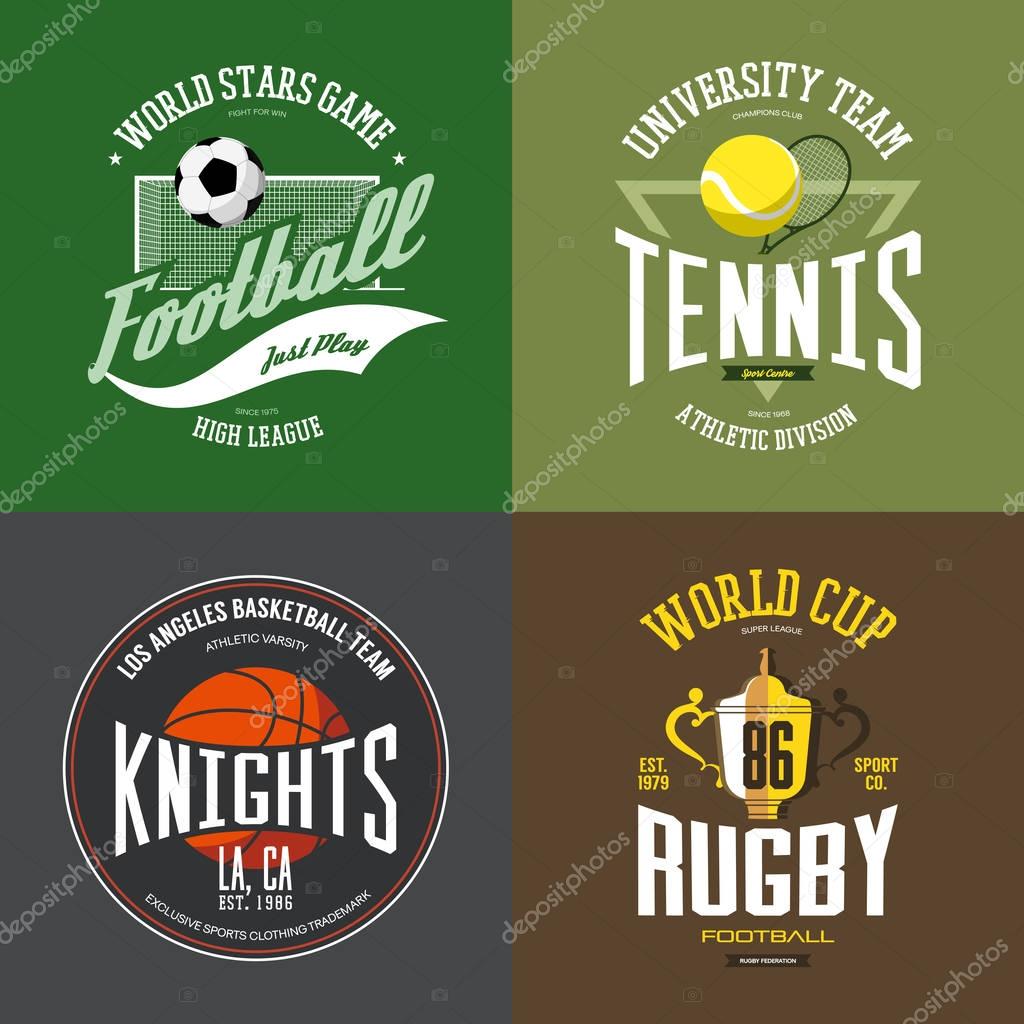 Basketball ball and tennis racket or rack, racquet, rugby cup or trophy, bowl, soccer or football ball. Los Angeles Knights team advertising for t-shirt print of cloth branding. Advertising sportswear