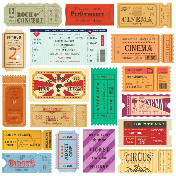 Conjunto de antiguas entradas aisladas para cine o teatro — Vector de stock