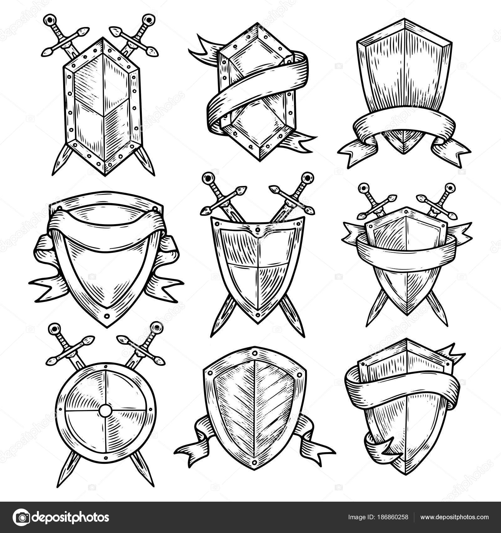 칼을와 리본 빈 또는 빈 방패. 스톡 벡터 - ©cookamoto 186860258, image size:1600x1700