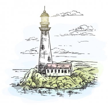 Kayalar kroki ile adada deniz feneri.