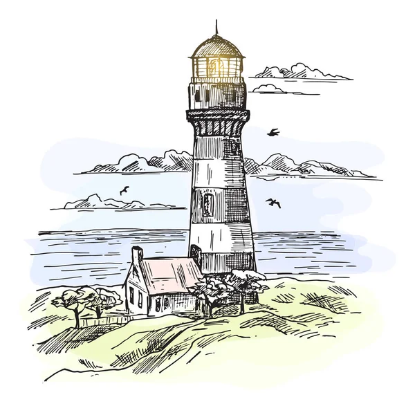 Sketch of island with lighthouse at ocean waters