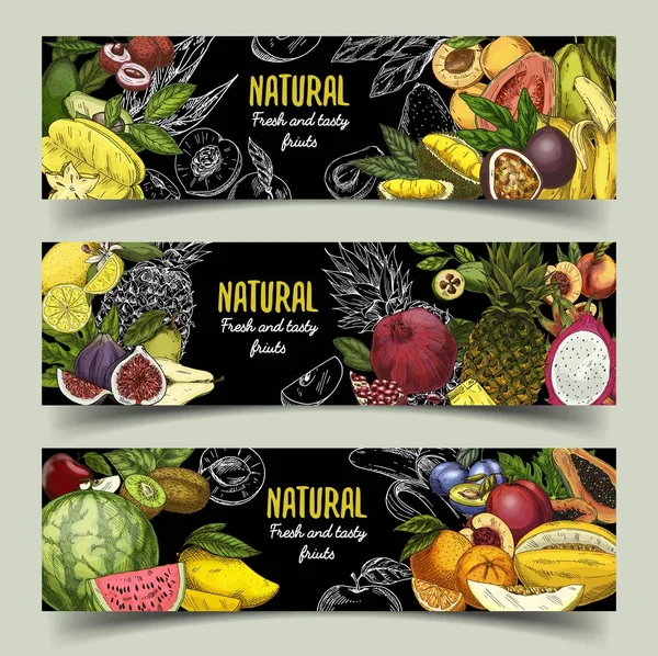 Εμβλήματα ή banners με εξωτικά φρούτα — Διανυσματικό Αρχείο