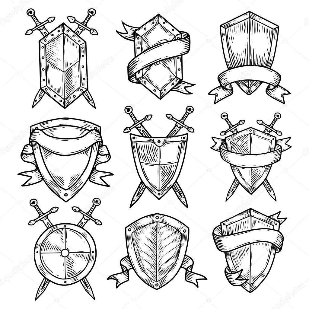 Blank or empty shields with swords and ribbons.