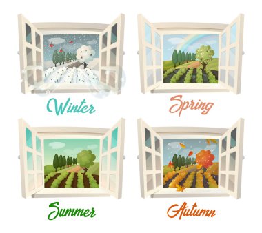Summer and winter, spring and autumn village view clipart