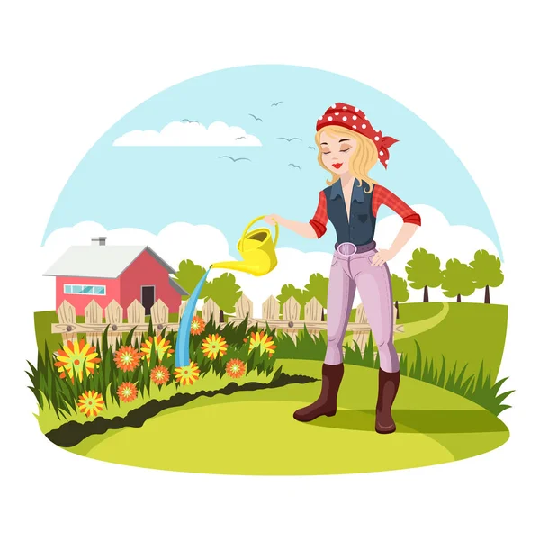 Woman watering flowers at garden or yard — Stock Vector