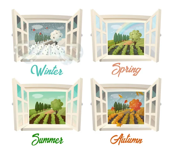 Letní i zimní, jarní a podzimní výhledem na vesnici — Stockový vektor