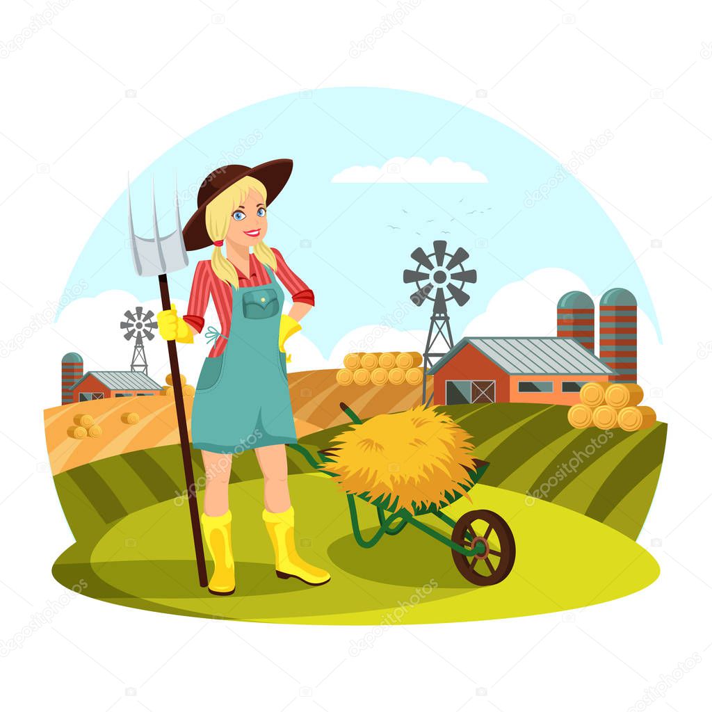 Woman with pitchfork in front of field with hay