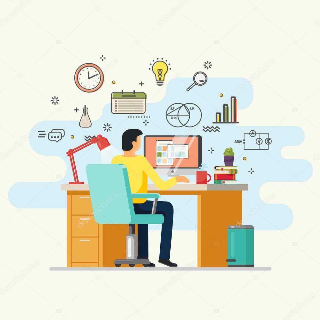 Man doing job or working at desk with computer