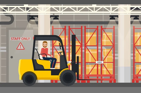 Zavaděč nebo náklaďák s vysokozdvižného vozíku ve skladu — Stockový vektor