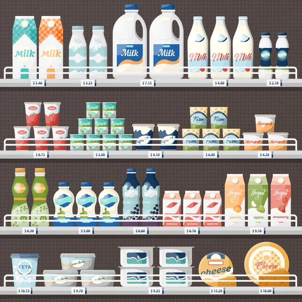 Contatore con latte e yogurt, formaggio — Vettoriale Stock