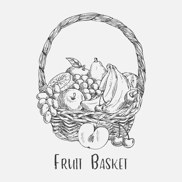 Плетеная корзина или эскиз с садовыми фруктами — стоковый вектор