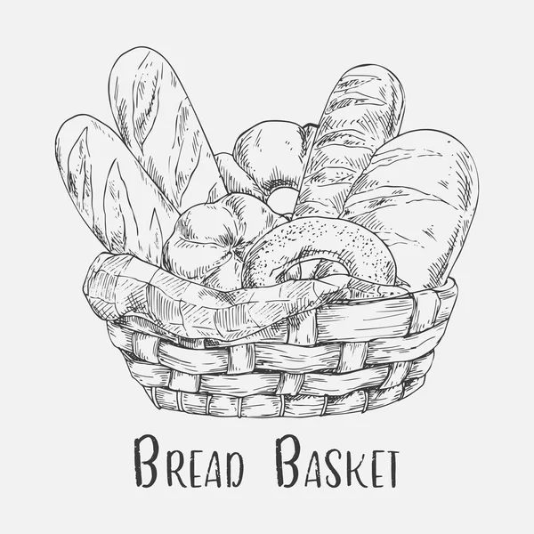 Sketch of pastry and bakery, bread in basket — Stock Vector