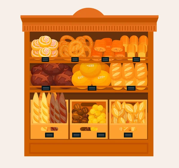 Vitrine, stand ou stall com pão e pastelaria — Vetor de Stock