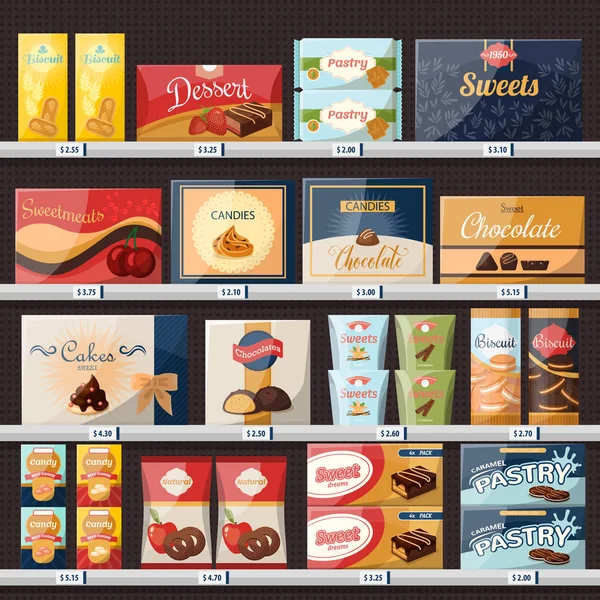 Dulces en la tienda o escaparate tienda con caramelos — Archivo Imágenes Vectoriales