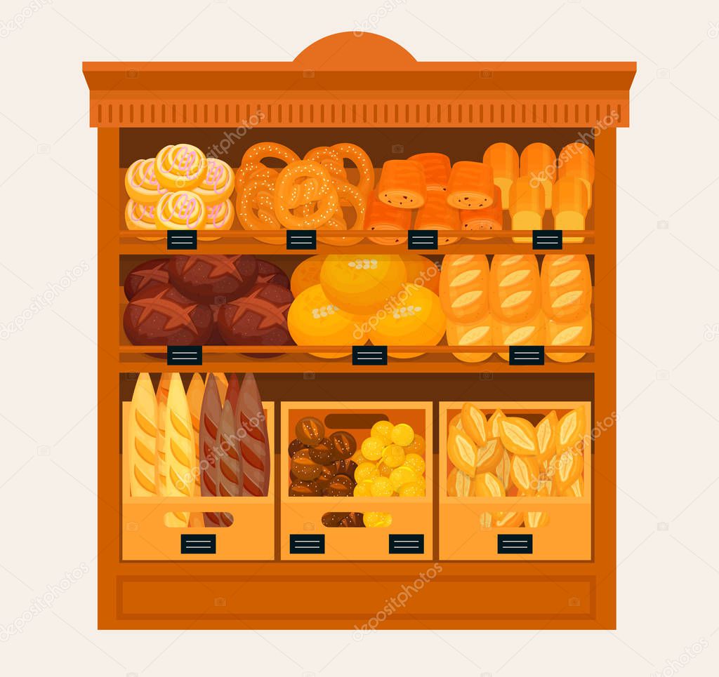 Showcase, stand or stall with bread and pastry