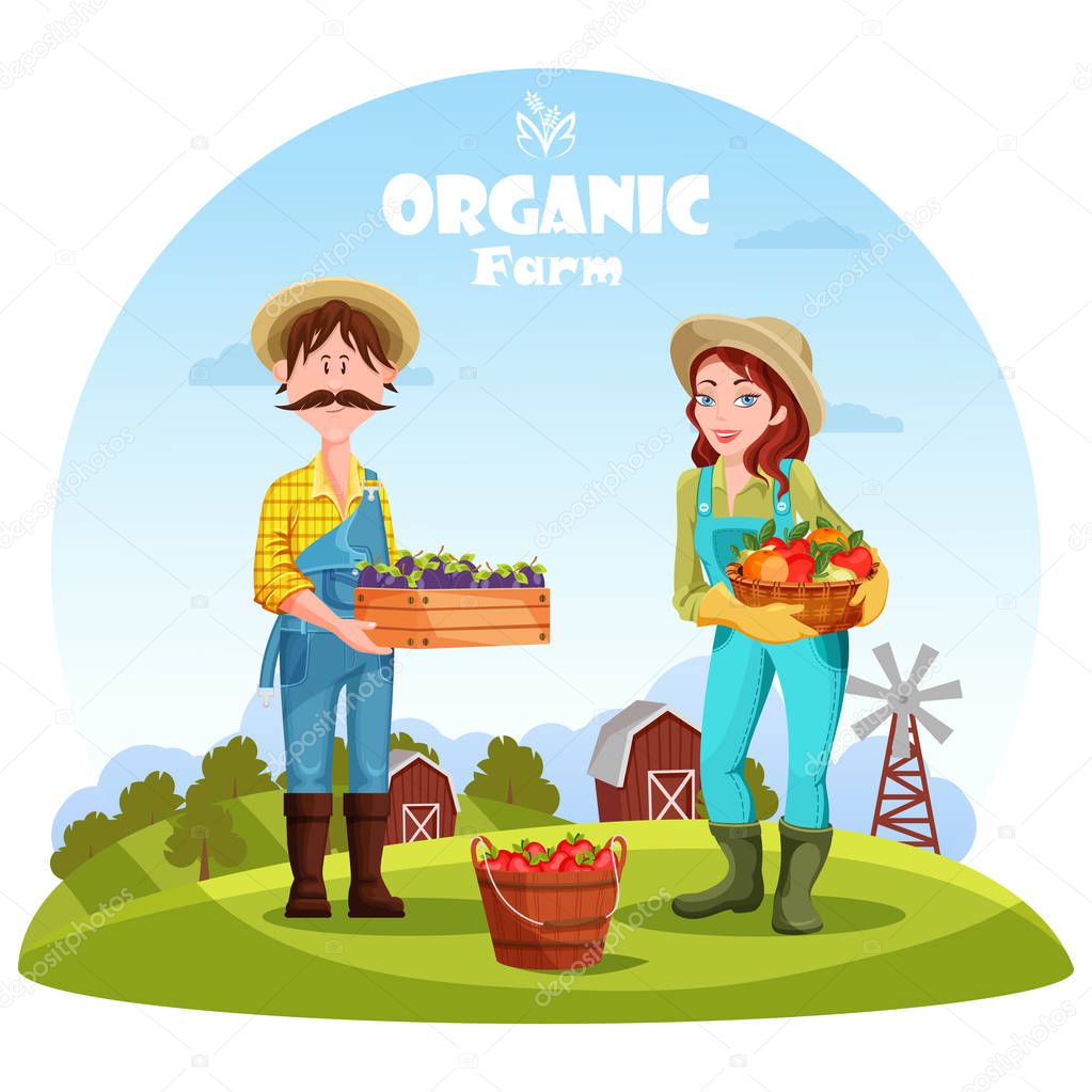 Farmer man and woman with garden harvest