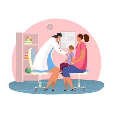 Cartoon woman with son at pediatrician room clipart