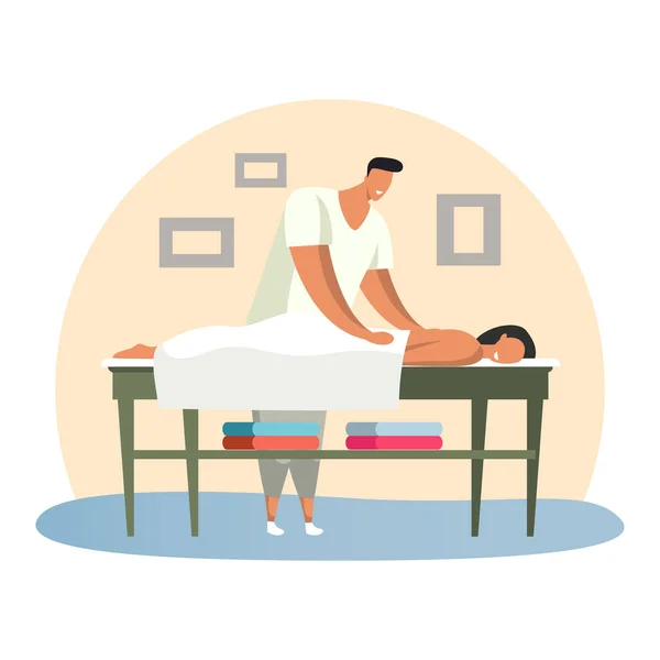 Hombre en el salón de spa haciendo masaje para mujer — Vector de stock
