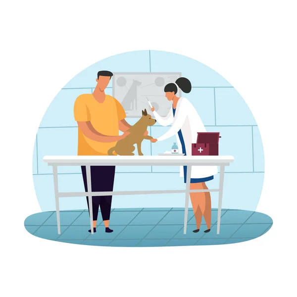 Veterinary nurse and cartoon man with dog. — Stock Vector