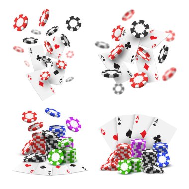 İzole edilmiş uçan poker fişleri ve as setleri.
