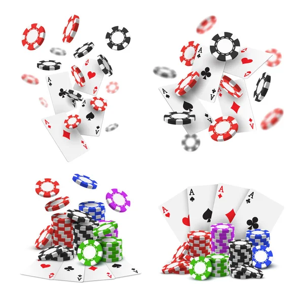 한 세트의 고립된 비행 포커 칩 과 에이스 카드 — 스톡 벡터
