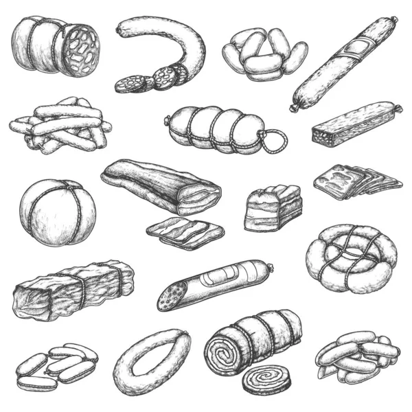 Butcher shop meat delicatessen, sausages sketch — Stock Vector