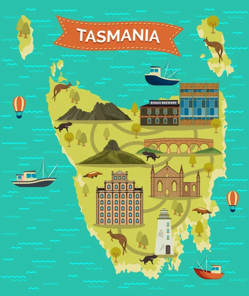 Tasmania térkép vagy Tassie sziget, Tas híres mérföldkő — Stock Vector