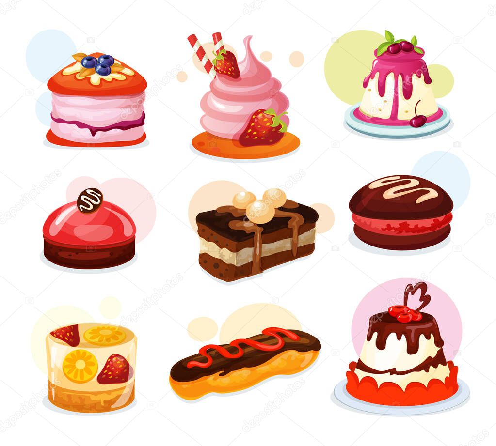 Set of isolated cake piece or biscuit with strawberry, jelly with lemon fruit, pie with candy sticks and cream and icing. Bakery and confectionery, birthday and holiday, dessert and celebration,sweets