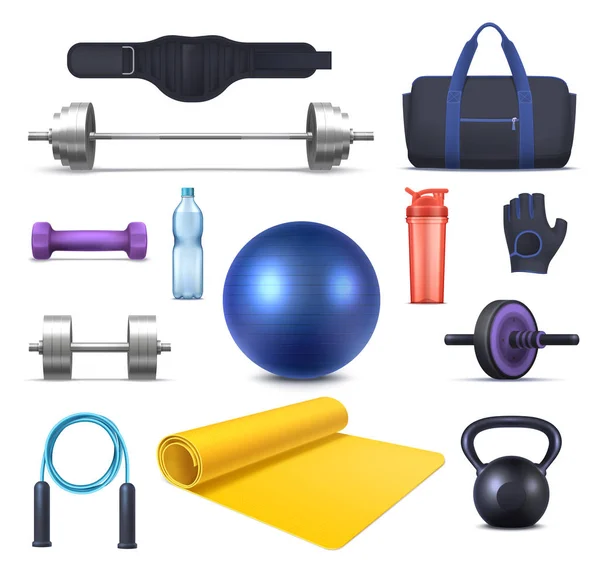 Fitness clube equipamentos e ícones de vestuário de ginásio — Vetor de Stock