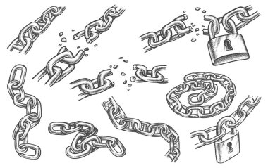 Sketches of chain links and lock, bond and padlock clipart