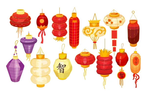 Set van geïsoleerde Chinese, Aziatische lantaarns voor vakantie — Stockvector