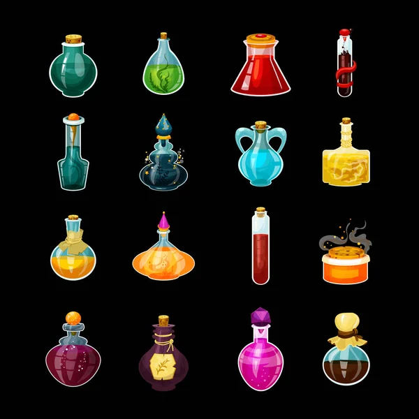 Ensemble de potions isolées en verre ou bouteilles magiques — Image vectorielle