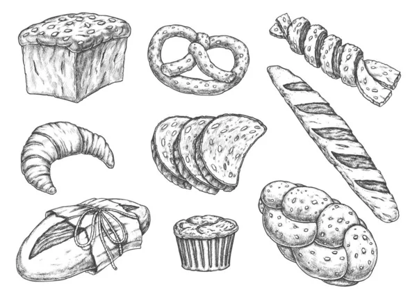Reihe von isolierten Brot-Lebensmittel-Skizzen, Bäckerei — Stockvektor