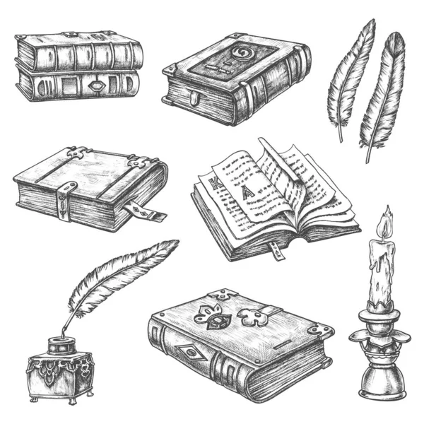 Cărți vechi de raritate, scriitor pene de cerneală vintage — Vector de stoc