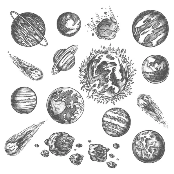 Planetas del sistema solar y asteroides, boceto a lápiz — Vector de stock