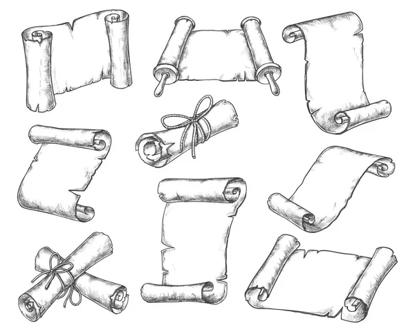 Средневековые бумажные свитки, иконки эскизов рукописей — стоковый вектор