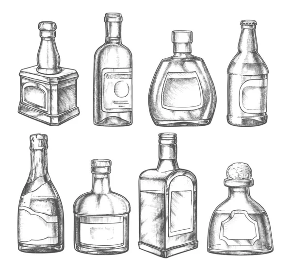 Bebida alcohólica botellas, vodka boceto, whisky, ron — Vector de stock