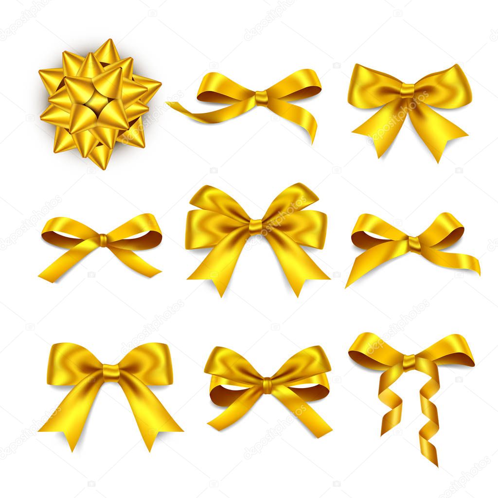 Gift box golden bows, realistic golden silk ribbon