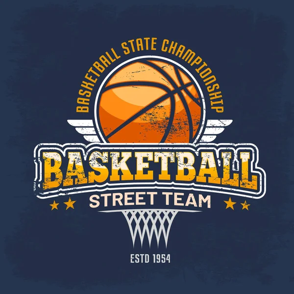 Signe de vêtements de sport avec balle pour équipe de streetball — Image vectorielle