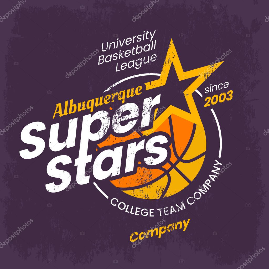 Basketball logo for clothing or college sport varsity emblem. Vintage apparel for Albuquerque, New Mexico university gear. Street or urban sportswear. Fan branding, exclusive american equipment