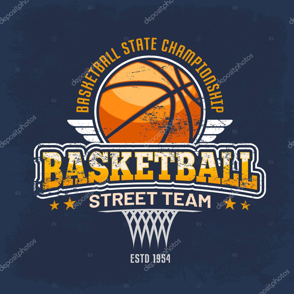Sport clothing sign with orange ball for streetball team. Basketball vintage logo for championship or tournament. Sportswear banner or sport gear. Fan branding and clothing, national american league