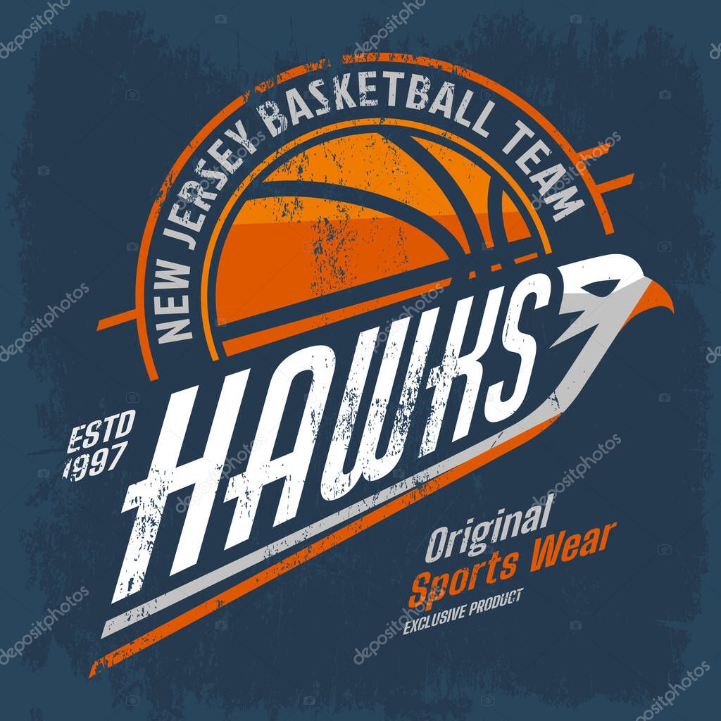 New Jersey basketball team logo for clothing or branding. Vintage or retro sign for american streetball championship. Sport ball for exclusive gear or wear. National or urban game advertising