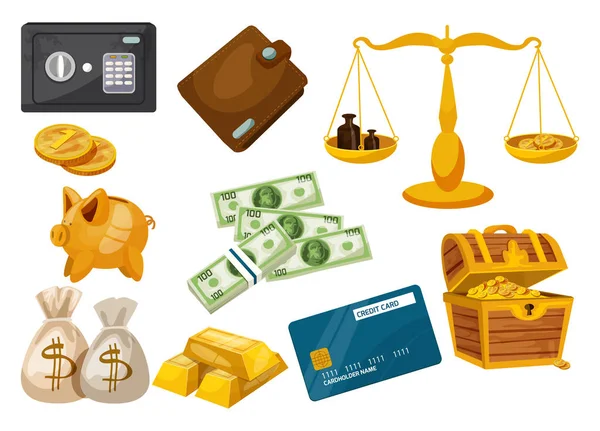 Negocios, dinero, dólares de depósito, iconos de oro — Vector de stock