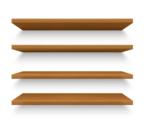 Conjunto de prateleiras de madeira realistas isoladas na parede —  Vetores de Stock