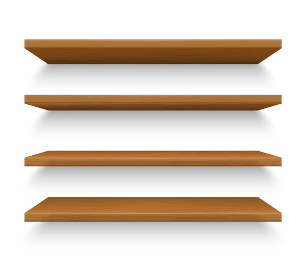 Set of isolated realistic wooden shelves on wall