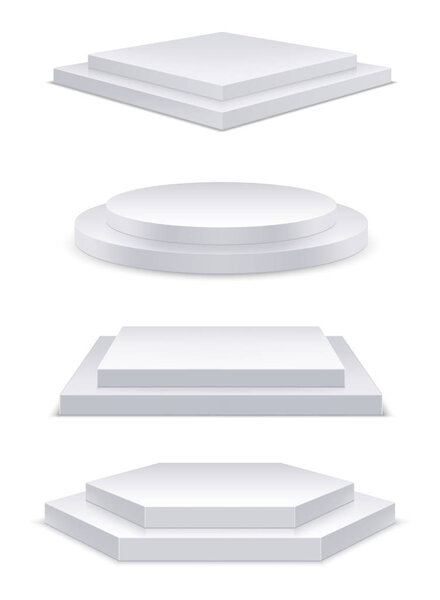 Realistic white podium with steps, 3d round stage