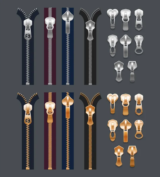 Cremalleras metálicas realistas aisladas o cremallera de tela 3d — Archivo Imágenes Vectoriales