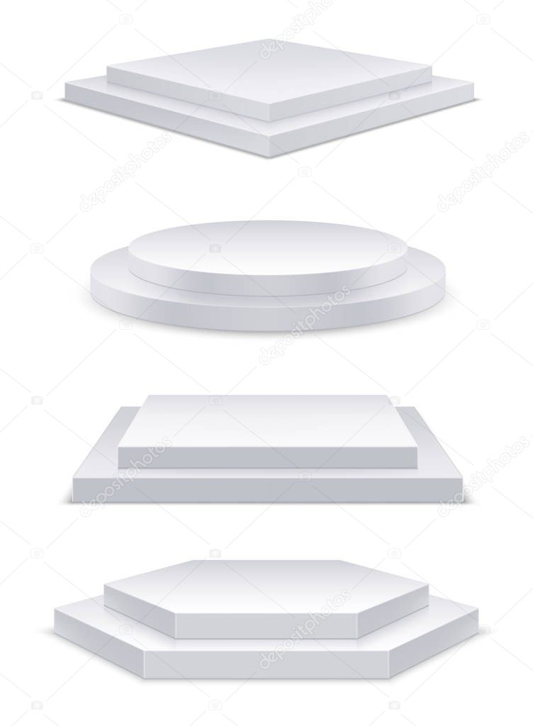 Realistic white podium with steps, 3d round stage