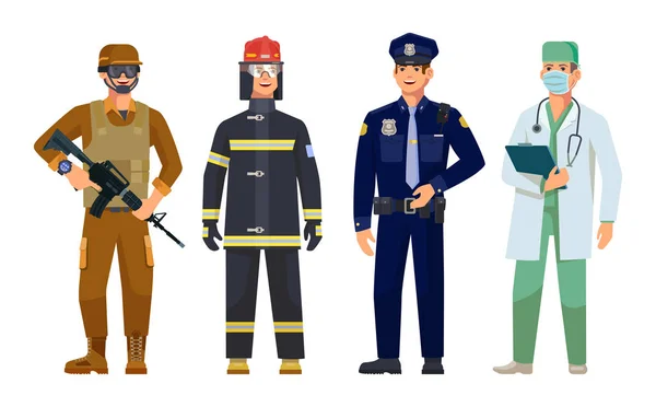 Doutor, polícia, bombeiro, guardas militares — Vetor de Stock